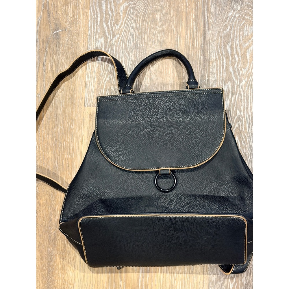 Darcy Marks London Black Pebbled Faux Leather Backpack Tan Contrast Stitching